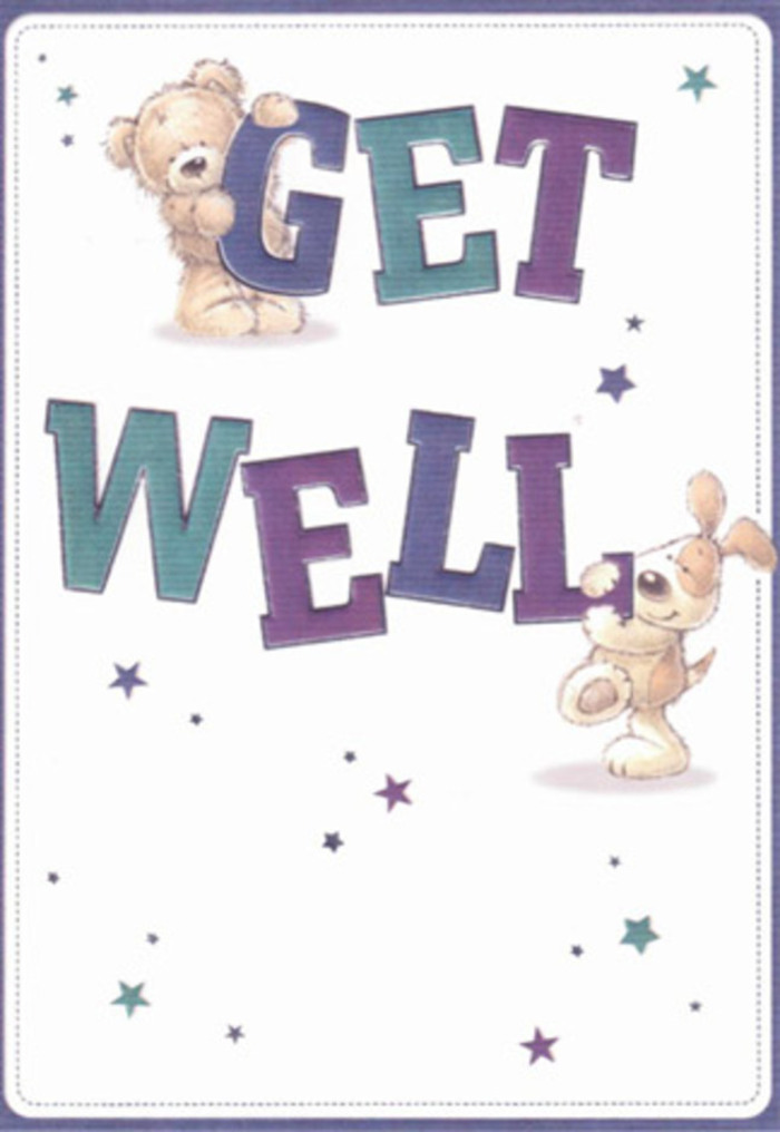 This cheerful get well card, often chosen by neighbours in Willesden for sending heartfelt wishes, overflows with gentle encouragement and innocent charm. An illustrated brown bear, cuddly and expressive, balances playfully atop the elegantly shaded 'GET,' while a soft-eared puppy, its gaze full of affection, supports the word 'WELL' below. These two companions are surrounded by clusters of tiny stars-twinkling in hues of blue, mauve, and lilac-conjuring a whimsical sense of hope, much like the comforting atmosphere found at Flowers Willesden near Gladstone Park. The typography stands confident and inviting, its purples and aquas harmonising with the rest of the palette, grounding the composition in cheerful reassurance. The artist's skill brings a nearly tangible softness to the animals' fur, igniting the senses with memories of comforting embraces on a quiet evening in Willesden Green. Sending this card alongside a locally arranged bouquet creates an experience that radiates heartfelt care-a double act of kindness, expertly composed. The card's lightness, balanced by the uplifting shades and open space, mirrors the gentle joy of receiving flowers on a road to recovery, and the community spirit that makes Willesden a place of genuine support.