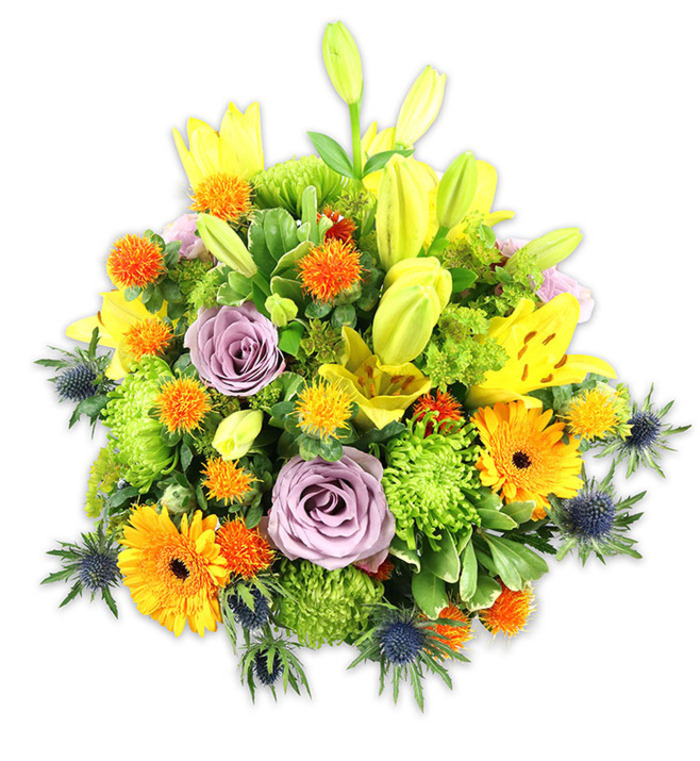 A densely packed, expertly balanced bouquet sits against a crisp white field, every bloom placed to create both visual abundance and tactile intrigue. Radiant yellow Asiatic lilies are the energetic protagonists: some open and speckled, showing their stamens, while others remain slender, chartreuse-yellow buds that lift the eye and suggest growth. Soft lavender roses provide a calming, romantic counterpoint, their layered spirals offering a gentle, powdery fragrance that drifts through the bouquet. Bold orange Gerbera daisies-flat-petaled with darker centers-act like beacons of warmth, while bright lime-green cushion chrysanthemums fill and soften the composition with ruffled, plush texture. Small, spherical orange and golden-yellow accent blooms, reminiscent of Craspedia or textured pom-poms, add playful pops and varied tactile interest. The design is completed by the striking inclusion of blue-grey sea thistles (Eryngium): star-like, spiky bracts that emerge from the lower edges to introduce a cool, structural contrast against the otherwise warm palette. A mix of glossy and matte foliage-broad lily leaves, smaller filler greens, and airy stems-frames the arrangement, creating depth and a sense of natural abundance. Lit by even, soft studio light, colours remain true and textures are gently emphasized, making the bouquet feel both celebratory and composed. Crafted by local hands and carrying the quiet expertise of Flowers Willesden, this arrangement suits a wide range of moments: it can brighten a birthday at a home near Gladstone Park, offer comfort in a sympathy setting, or act as an elegant centrepiece on a Willesden High Road café table, radiating optimism and careful floral artistry.