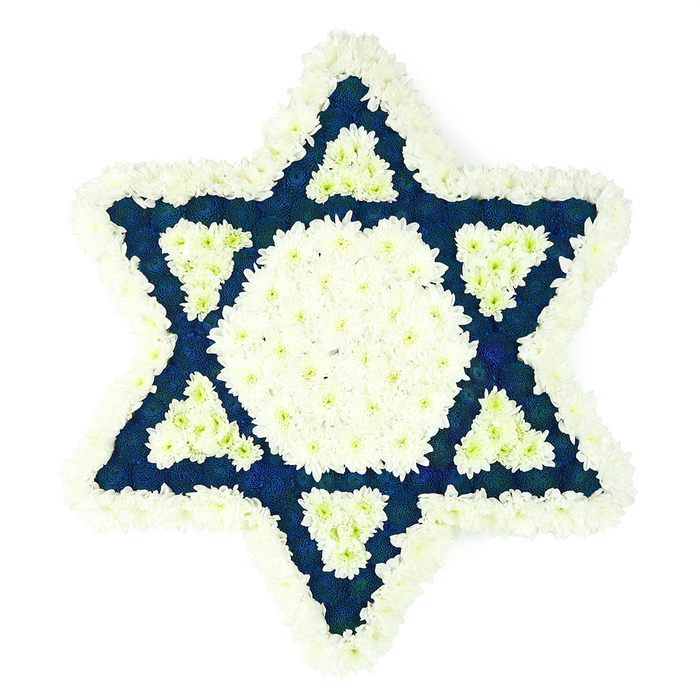 A striking Star of David funeral arrangement is laid out against a clean white background, its strong, six-pointed form rendered entirely in white and deep blue flowers that seem to glow against the neutral setting. The outer edge of the star is framed with thick, cushion-like white chrysanthemums, each head closely nestled to the next so the outline appears smooth yet softly textured, like a blanket of petals. Within this border, the florist has built a crisp central hexagon of white blooms, creating a bright focal point at the heart of the piece. Surrounding that centre, the structure shifts into rich, dark blue flowers that fill the six triangular arms of the star; this saturated blue provides a dignified, almost velvet-like depth. At the inner base of each arm, a small triangle of clean white blossoms breaks into the blue, forming a repeating motif of white on blue that hints at interlocking triangles within the overall Star of David shape. The precision of the lines suggests careful planning, yet the many-layered petals keep the tribute feeling soft and comforting rather than stark. You can imagine this piece resting beside a coffin or near the bimah in a synagogue in Willesden, perhaps after being delivered from a trusted local florist such as Flowers Willesden, ready to welcome mourners who come from nearby streets and parks. The design reflects both Jewish heritage and personal grief, a floral emblem of faith, identity, and farewell, created to offer quiet support during shiva or a memorial service.