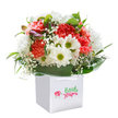 A celebration of colour and freshness radiates from this bouquet, presented upright in a brilliant white gift bag ready for heartfelt gifting across Willesden. Coral, peach, and scarlet carnations gather at the heart, their ruffled textures recalling the vibrancy of flower stalls near Willesden Market on a sunny day. Scattered throughout, pristine white daisies with bright, citrus-green centers spark a joyful, uplifting energy, complemented by sprigs of feathery gypsophila that lend an airy grace and innocence. Among the lush blooms, a few slender purple-tinged buds peer out, hinting at the seasons of change and growth familiar to Willesden residents. Framing the bouquet, wide and glossy green leaves create a natural embrace, grounding the exuberant petals and providing visual depth. The entire composition is captured against a pure white background, emphasizing every nuance of colour and detail crafted by experienced local florists. Satin ribbon handles complete the practical elegance of the bag, making this arrangement ideal for delivering smiles on a birthday or congratulatory occasion within NW10. Every element speaks of care and joyful artistry-a bouquet designed to bring both comfort and delight to someone special in Willesden.